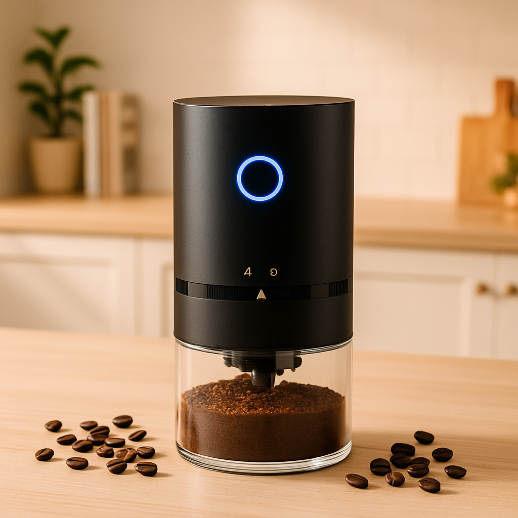 Moulin à café électrique Virtuose Coffee posé dans une cuisine moderne, avec mouture fraîche et grains de café, pour un café rapide et savoureux à la maison