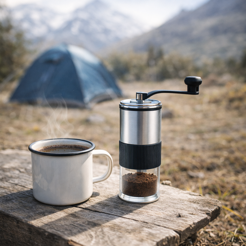 Moulin à café manuel MOLINO ELITE™ utilisé en extérieur lors d’un voyage, café fraîchement moulu avec vue nature et petit-déjeuner nomade.