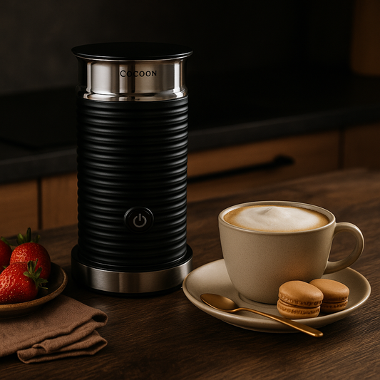 Mousseur à lait électrique noir, mousseur automatique pour cappuccino, latte et chocolat chaud, café mousseux maison. peès d'une tasse avec un chocolat et de la mousse crémeuse ainsi que 2 macarons sur une soucoupe