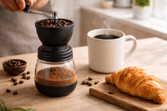 Moulin à café manuel avec grains de café fraîchement moulus, tasse de café chaud et viennoiserie sur une table moderne, pour un petit-déjeuner gourmand et convivial à la maison.
