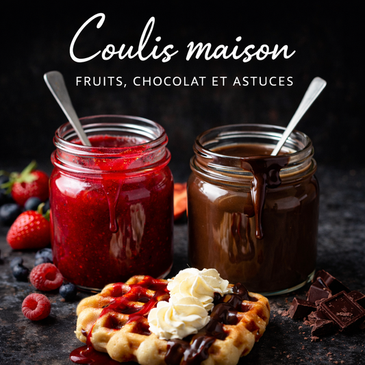 Coulis maison aux fruits rouges et au chocolat, texture onctueuse et gourmande, idéal pour accompagner gaufres, desserts et pâtisseries maison.
