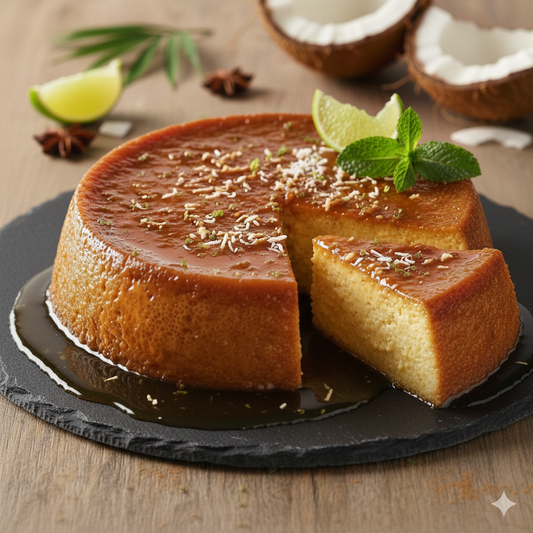 flan au coco antillais posé sur un plateau en ardoise avec une feuille de menthe dessus ainsi qu'une rondelle de citron