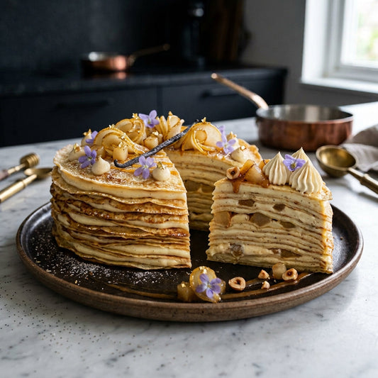 Gâteau de crêpes aux poires et crème vanillée, décoré de poires, fleurs violettes et gousse de vanille