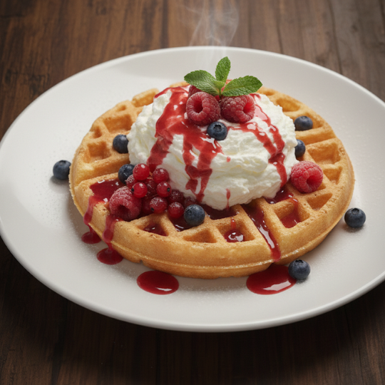 Gaufre maison dorée garnie d’une chantilly généreuse dressée à la poche à douille, avec fruits rouges et filet de chocolat, présentée sur une table en boisur une gaufre chaude, étape de dressage avecl’ajout des fruits et des coulis.