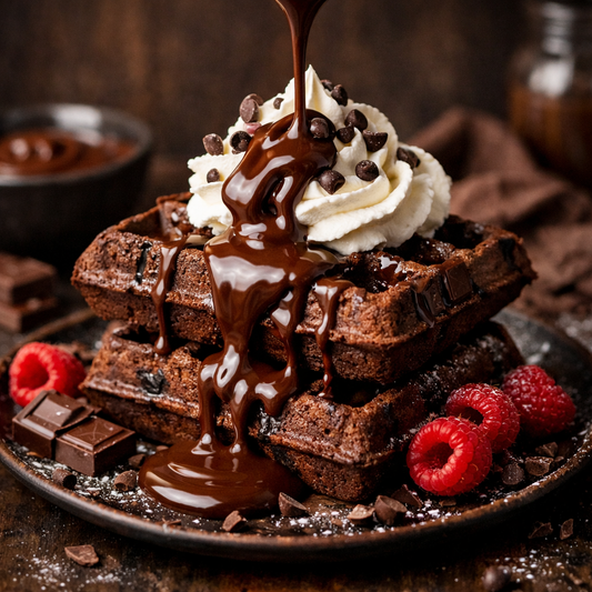 Gaufres au chocolat maison, épaisses et croustillantes, nappées de chocolat fondu et accompagnées de chocolat sous toutes ses formes, pour une recette gourmande et réconfortante.