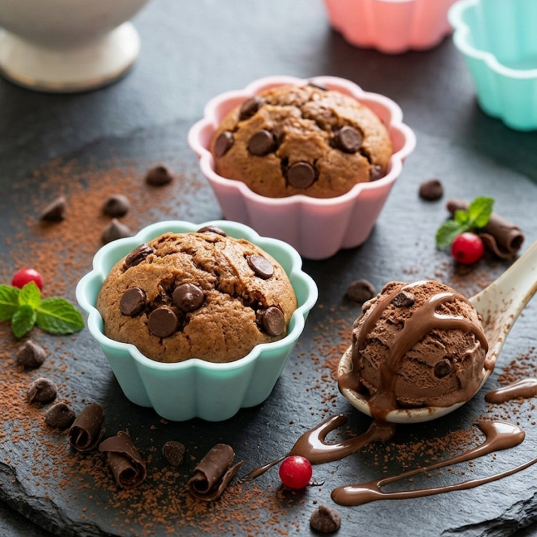 Muffins au chocolat avec pépites servis avec glace et coulis chocolat, dessert maison gourmand présenté dans moules pastel