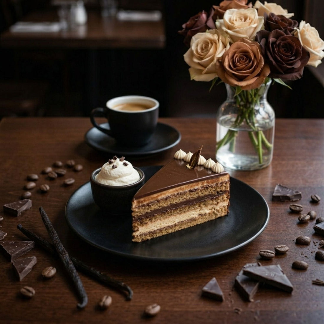 gâteau opéra maison au café et chocolat servi avec une tasse de café dans une ambiance élégante et gourmande