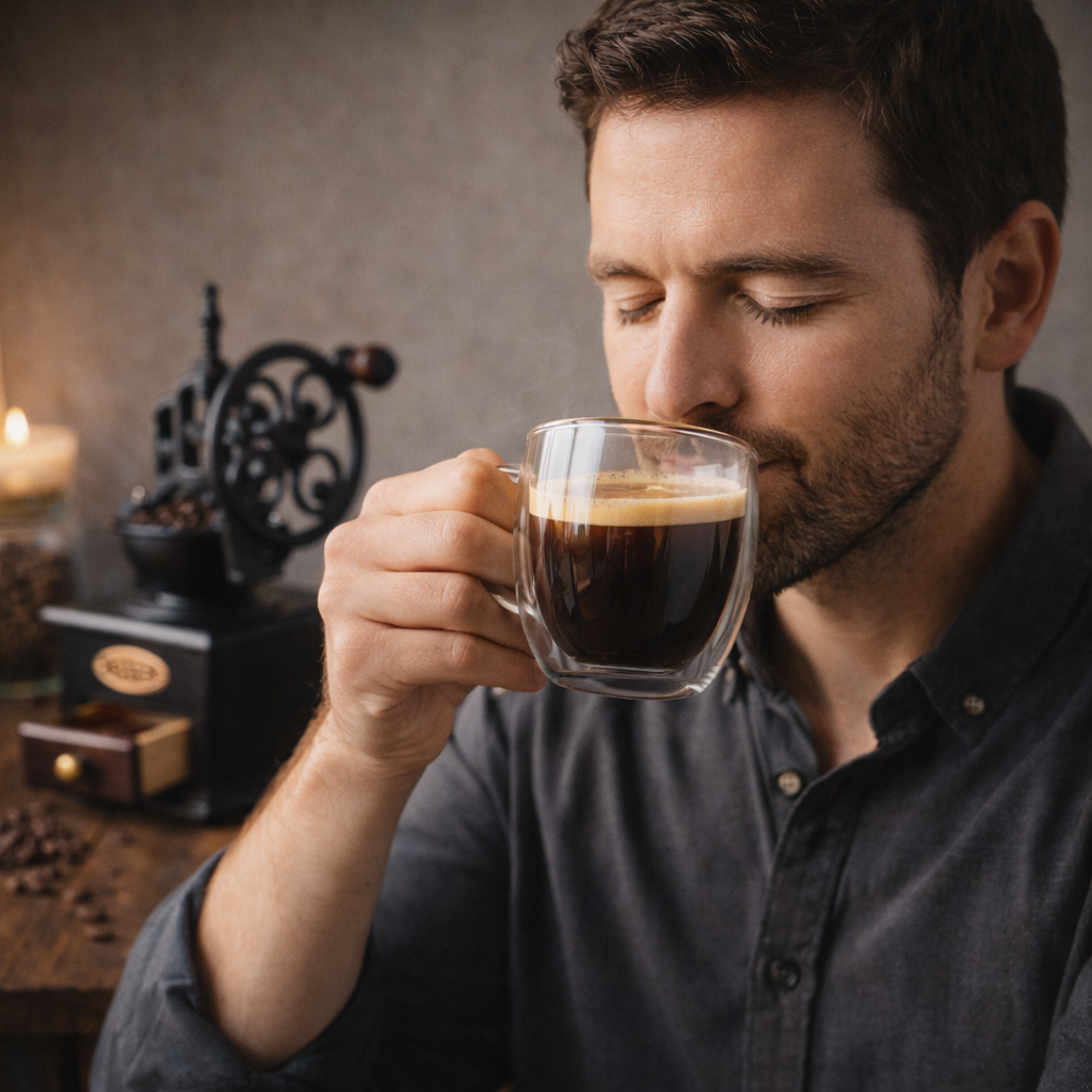 Homme savourant une tasse de café noir fraîchement moulu, ambiance chaleureuse et détendue avec moulin à café manuel rétro en arrière-plan.