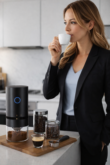 femme en tenue professionnelle savourant un café du matin dans une cuisine moderne, avec le moulin à café électrique Virtuose Coffee et du café fraîchement moulu sur le plan de travail