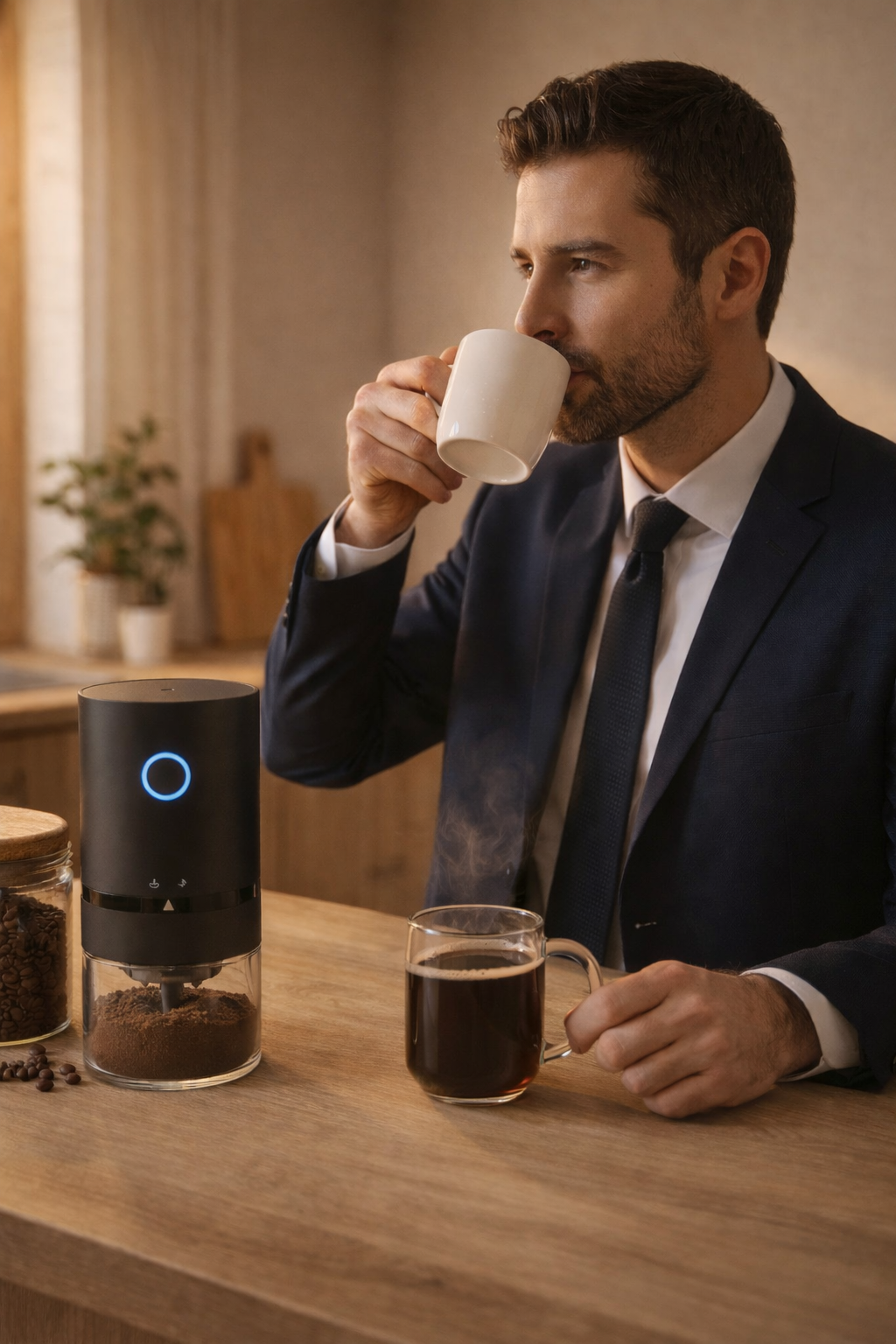 Homme en tenue professionnelle savourant un café du matin dans une cuisine moderne, avec le moulin à café électrique Virtuose Coffee et du café fraîchement moulu sur le plan de travail