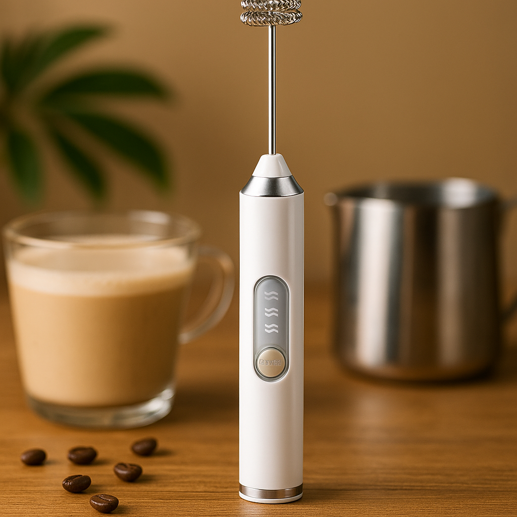 Mousseur à lait blanc Tornado Cuisine-etmoi posé sur un plan de travail, accessoire compact pour réaliser une mousse de lait onctueuse à la maison