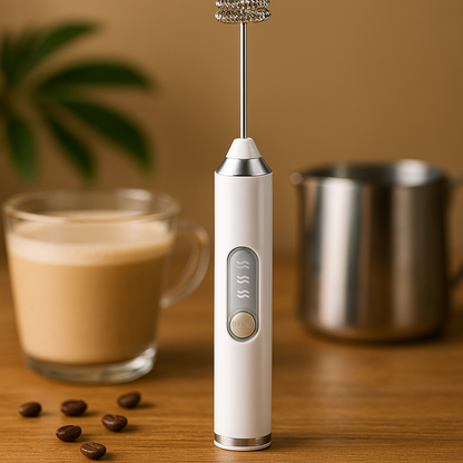 Mousseur à lait blanc Tornado Cuisine-etmoi posé sur un plan de travail, accessoire compact pour réaliser une mousse de lait onctueuse à la maison