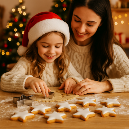 Gâteaux de Noël en forme d’étoile décorés de glaçage, sur un plan de travail en bois clair