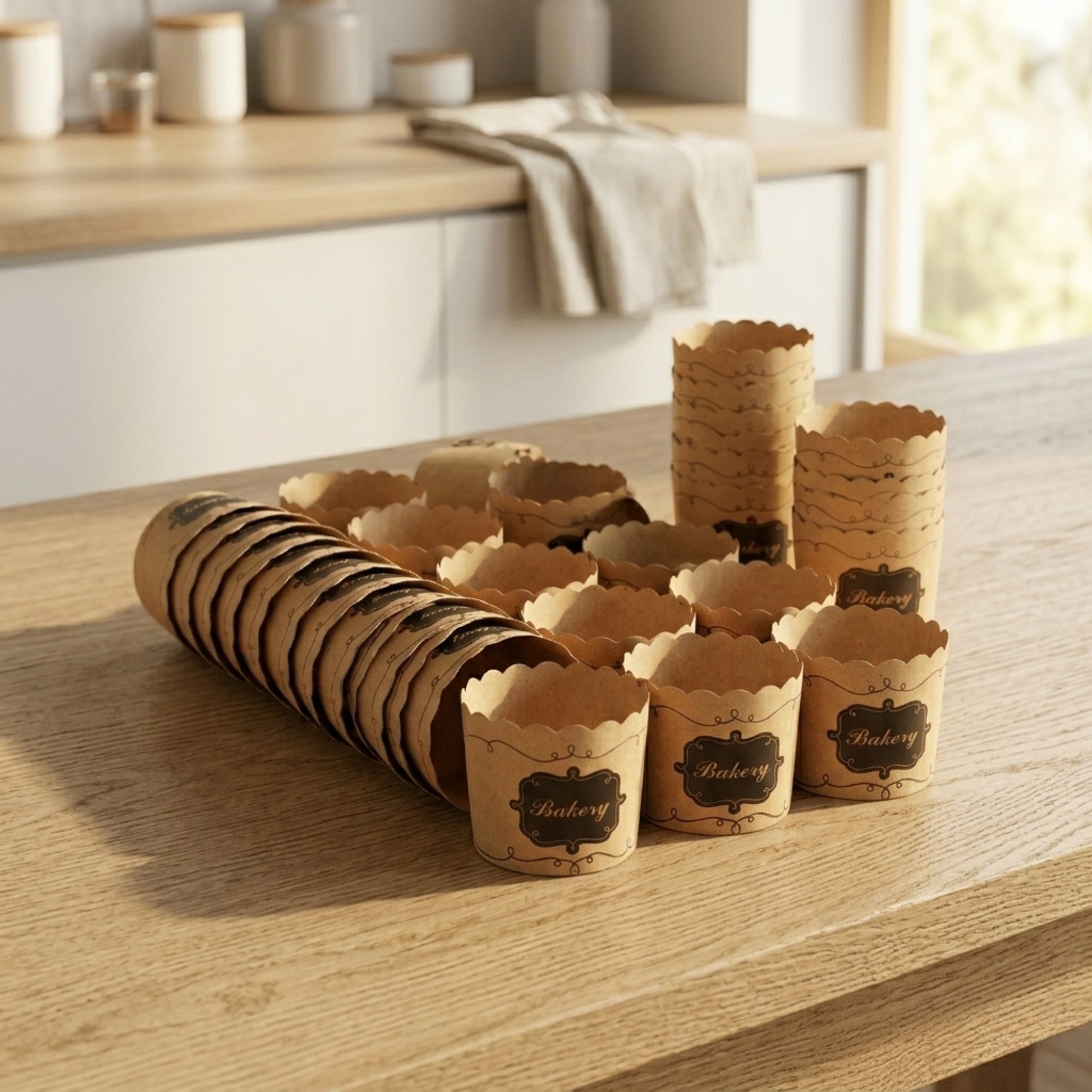 Lot de caissettes à muffins en papier kraft empilées sur une table, grande quantité de moules réutilisables pour pâtisserie maison