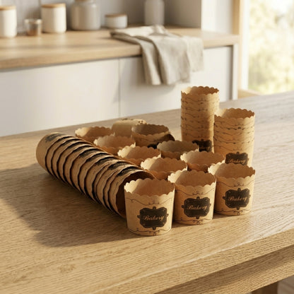 Lot de caissettes à muffins en papier kraft empilées sur une table, grande quantité de moules réutilisables pour pâtisserie maison
