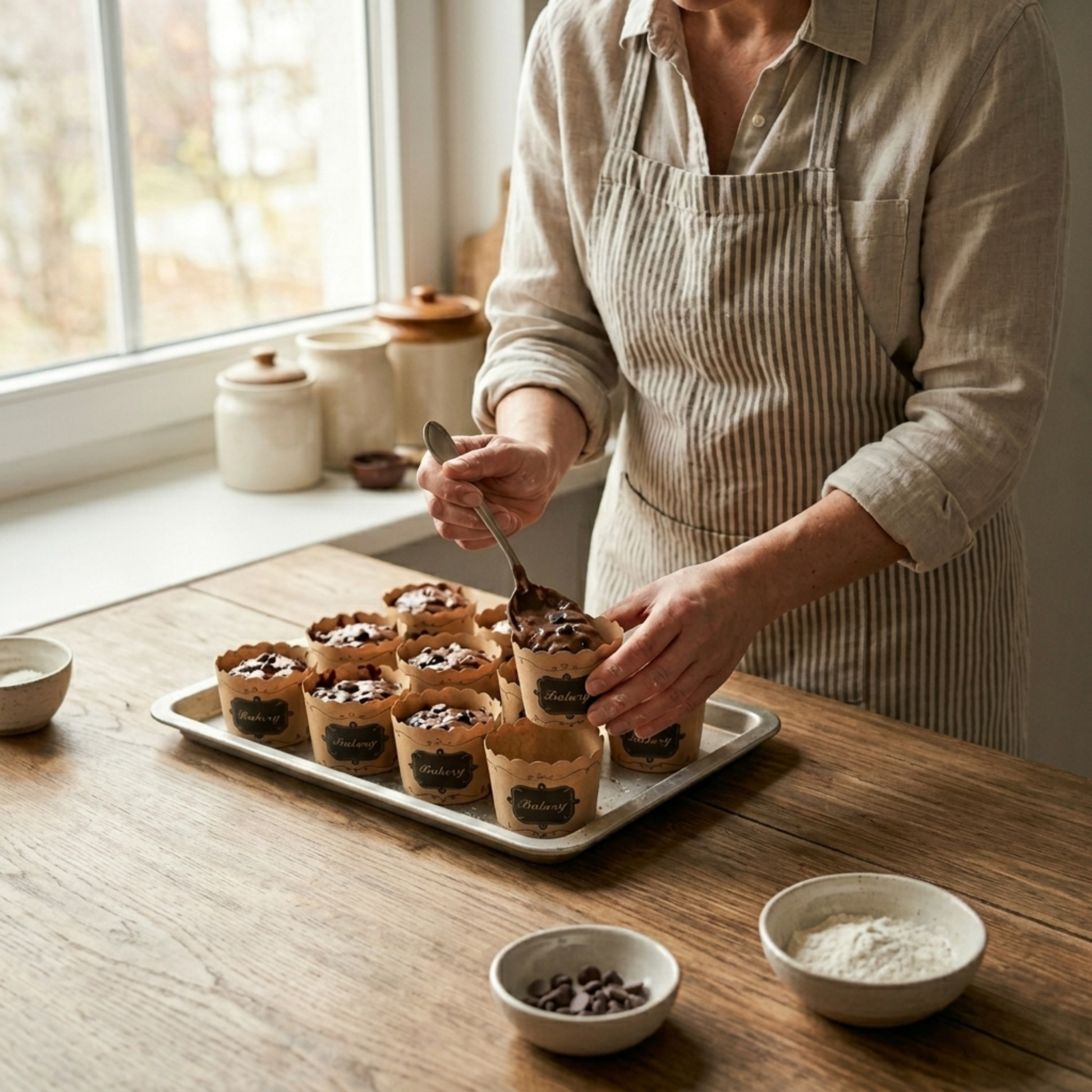 Fabrication de muffins maison dans caissettes kraft réutilisables, préparation pâtisserie chocolat en cuisine