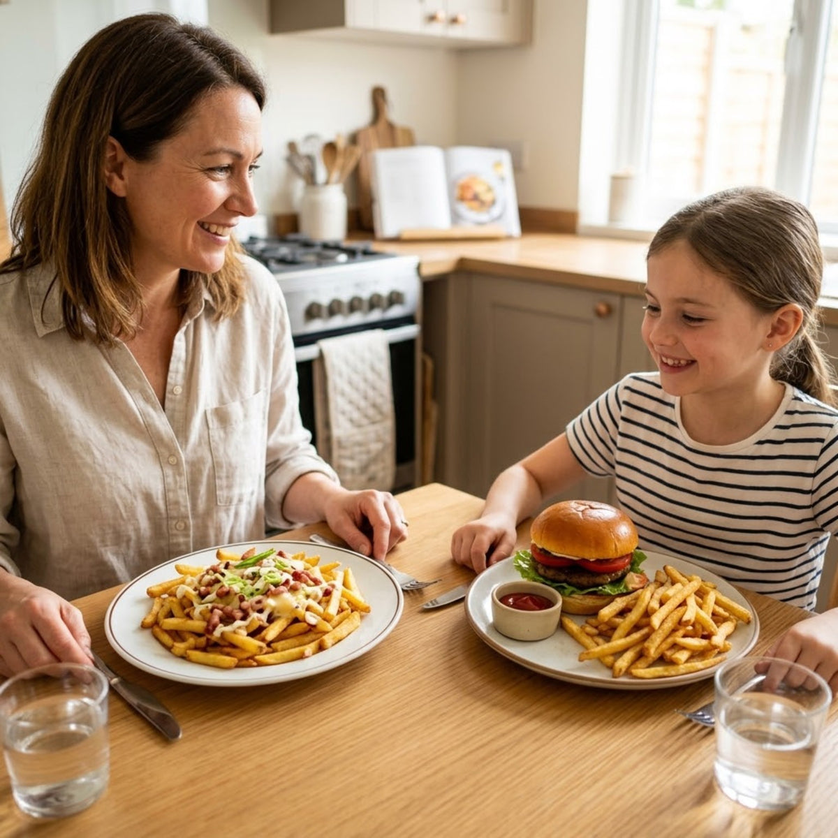 Mère et fille partageant des frites maison préparées avec le coupe-frites manuel SAVEUR EXPRESS™, servies avec un burger et une assiette de frites gourmandes