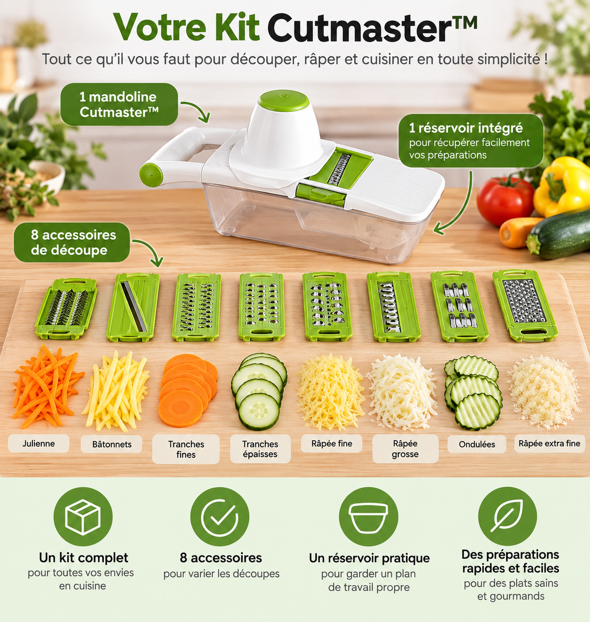Kit coupe-légumes Cutmaster avec réservoir intégré, 8 accessoires de découpe et exemples de juliennes, tranches et légumes râpés