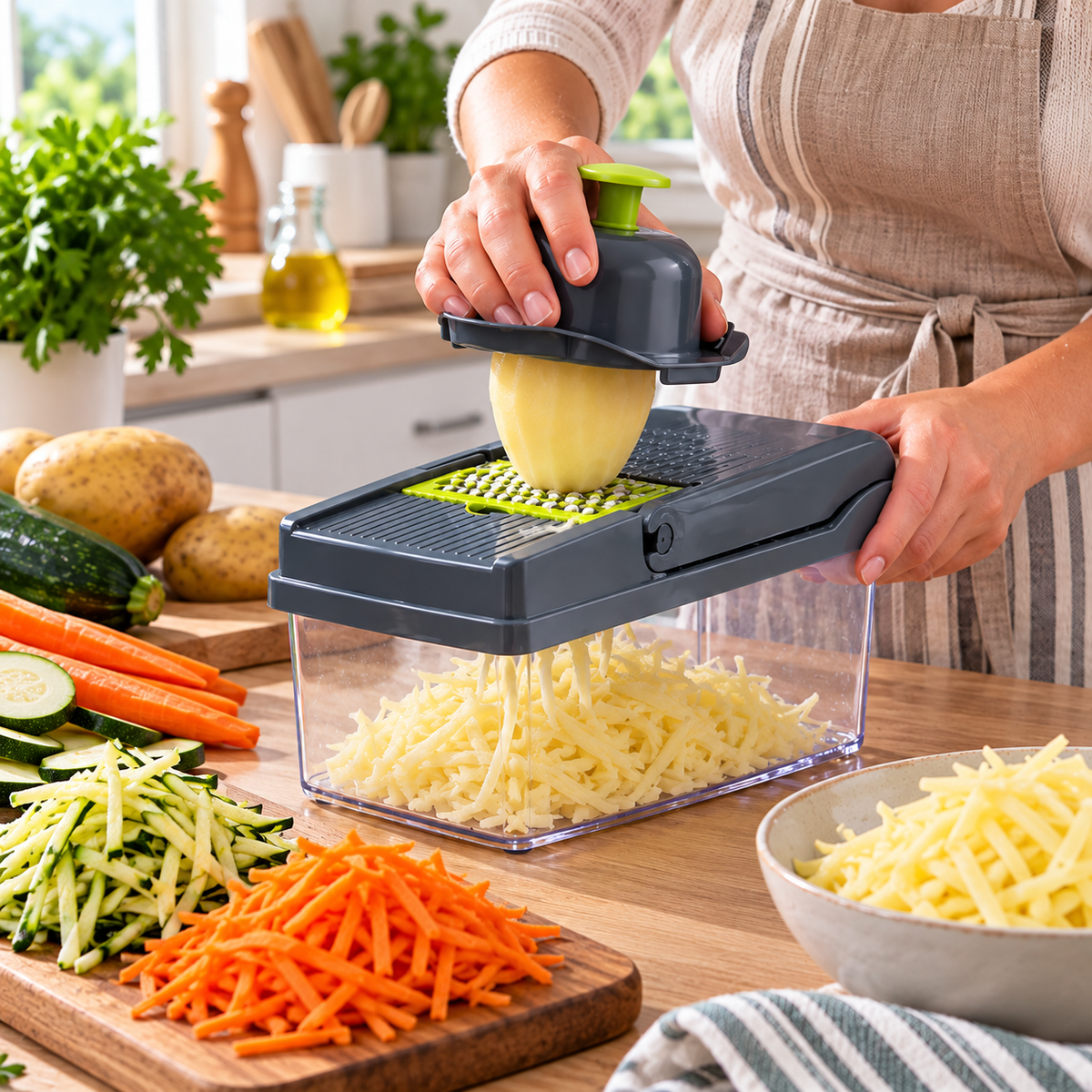 Coupe-légumes Slicer Blades utilisé pour râper une pomme de terre dans une cuisine lumineuse, avec légumes fraîchement découpés