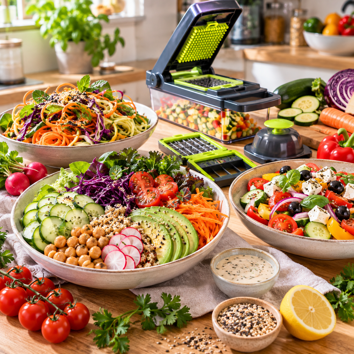 Coupe-légumes Slicer Blades entouré de salades colorées préparées avec différentes découpes de légumes