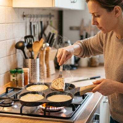préparation de mini crêpes avec la poêle crêpella sur une cuisinière à gaz