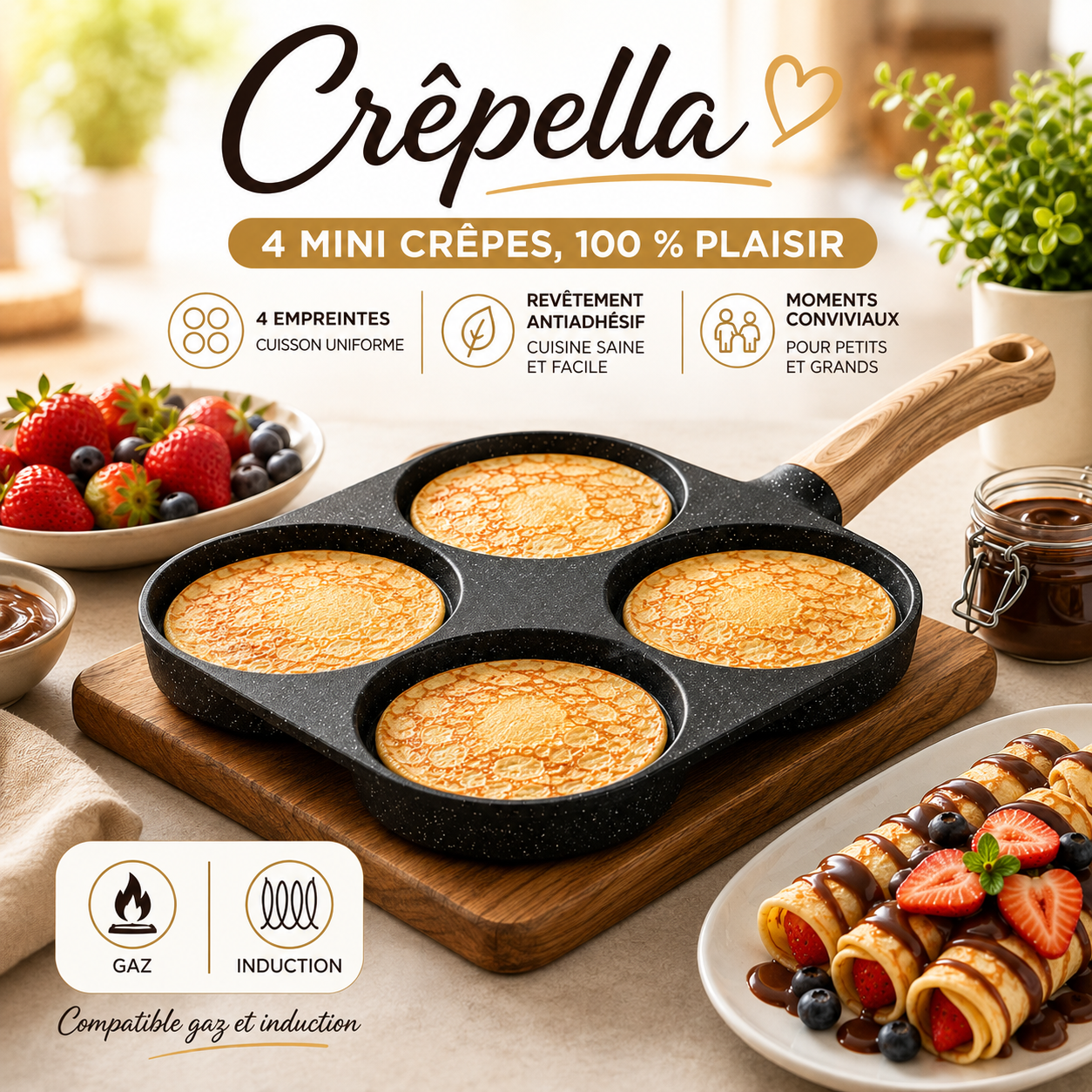 poêle crêpella à 4 empreintes pour mini crêpe, compatible gaz et induction