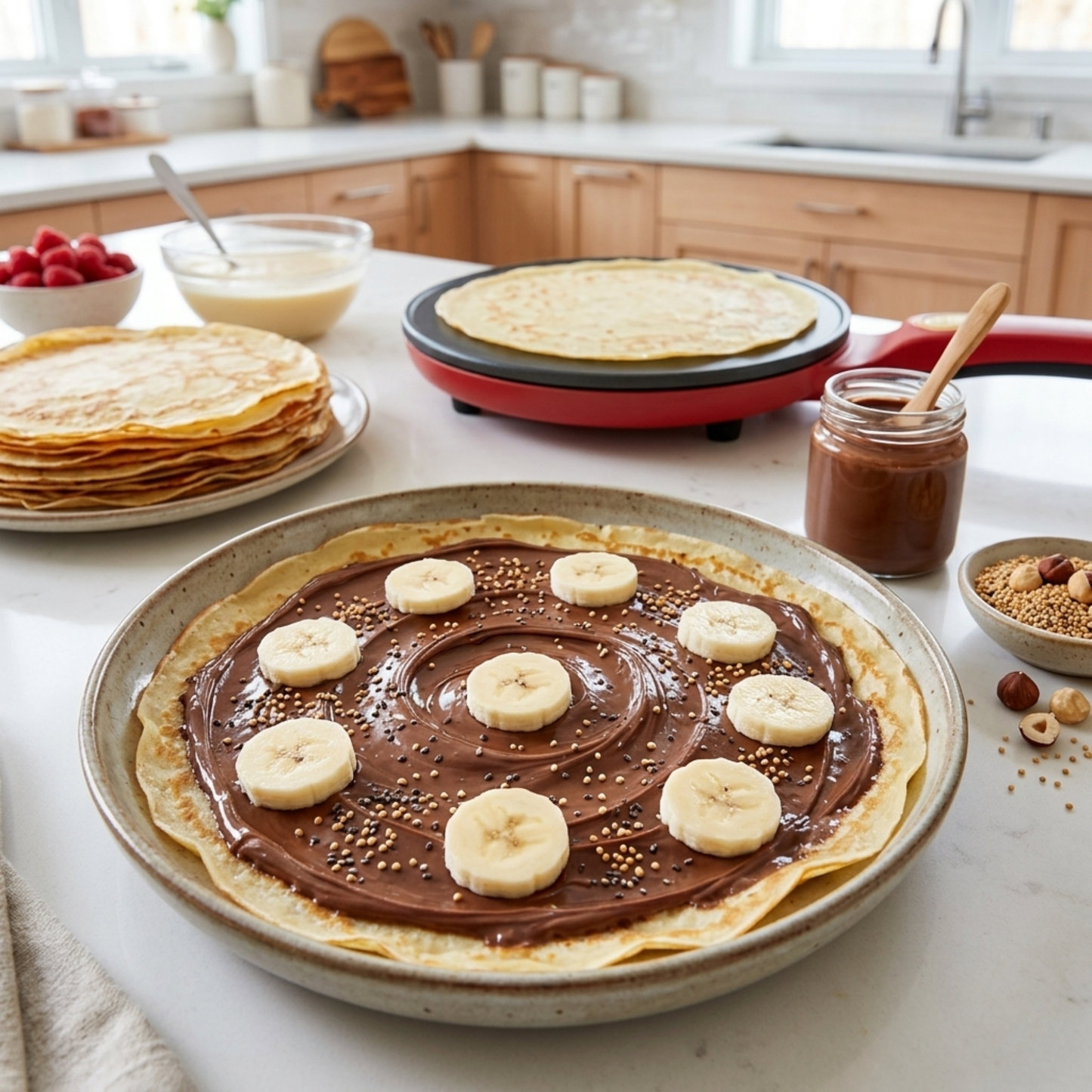 Crêpe garnie de pâte à tartiner et rondelles de banane sur une table de cuisine moderne, avec une poêle à crêpes électrique rouge et une pile de crêpes en arrière-plan