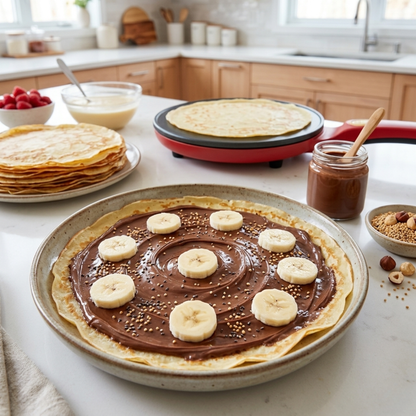 Crêpe garnie de pâte à tartiner et rondelles de banane sur une table de cuisine moderne, avec une poêle à crêpes électrique rouge et une pile de crêpes en arrière-plan