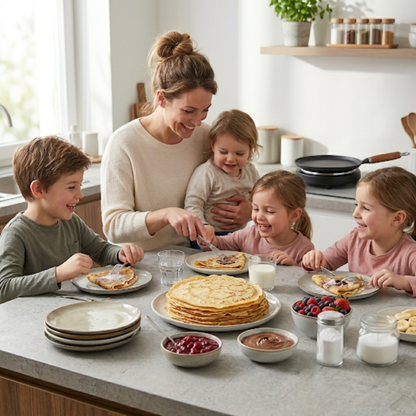 Famille réunie autour d’une table avec des crêpes maison et garnitures dans une cuisine conviviale.