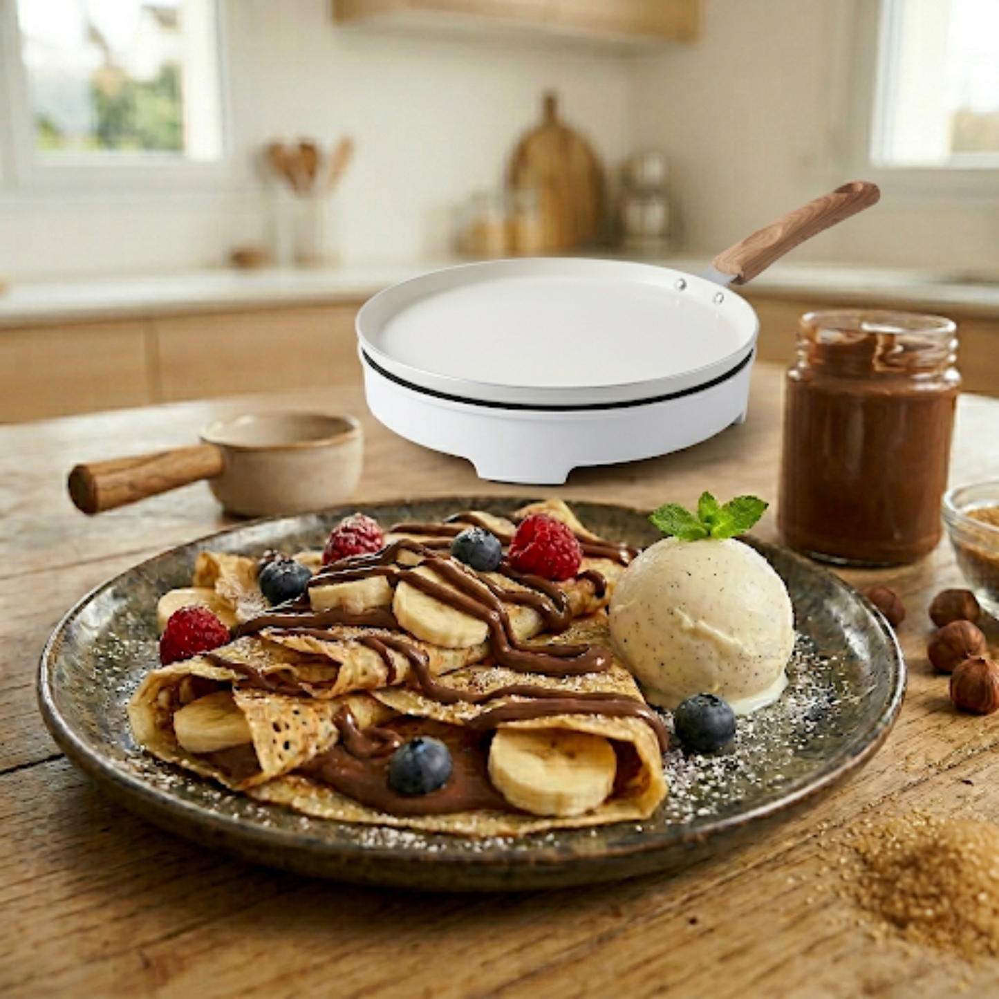 Crêpes gourmandes garnies de chocolat, banane et fruits rouges servies avec une poêle à crêpes en arrière-plan dans une cuisine chaleureuse