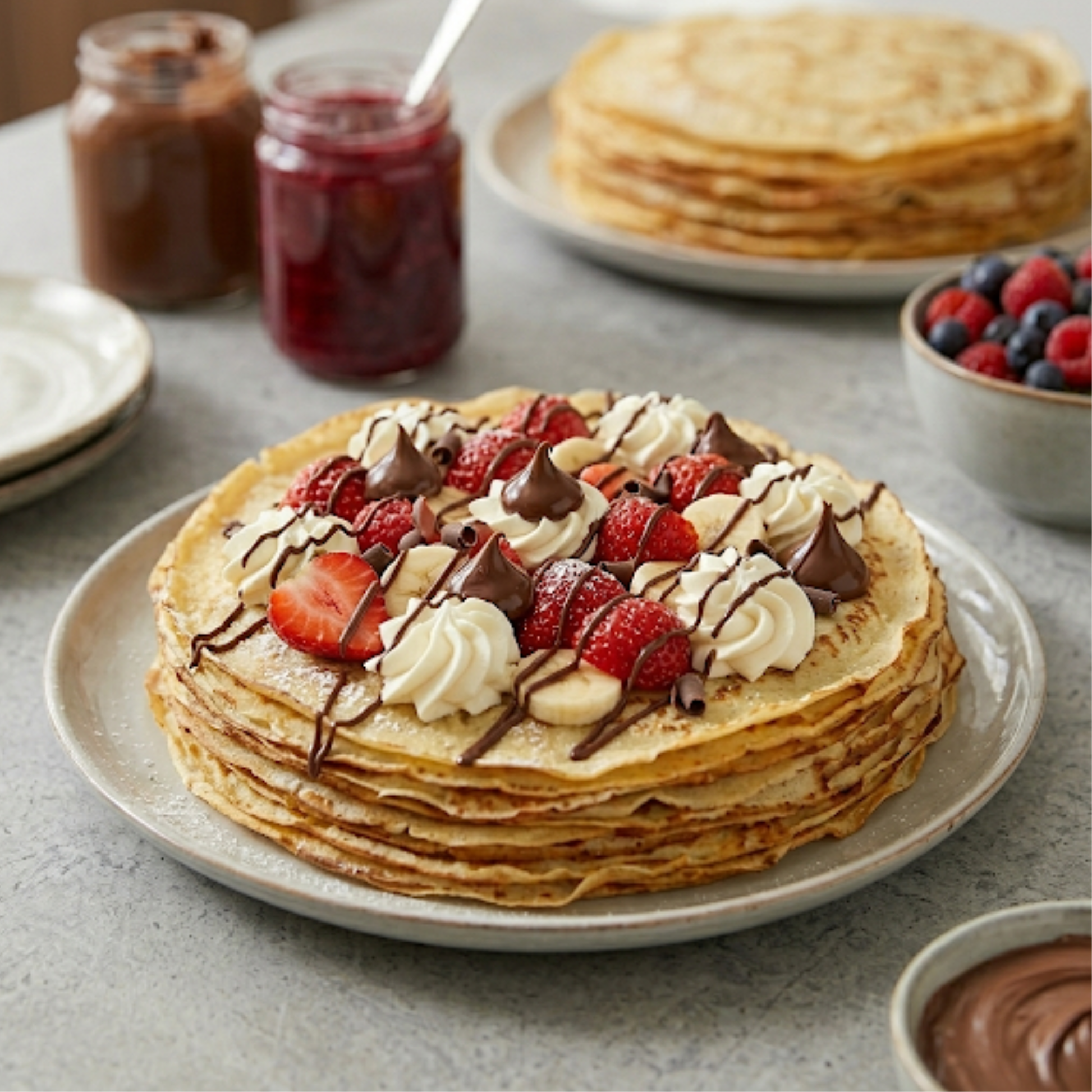 Assiette de crêpes garnies de fruits frais, glace et chocolat pour une dégustation gourmande