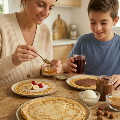 Mère et enfant dégustant des crêpes maison avec pâte à tartiner, miel et confiture dans une ambiance familiale chaleureuse