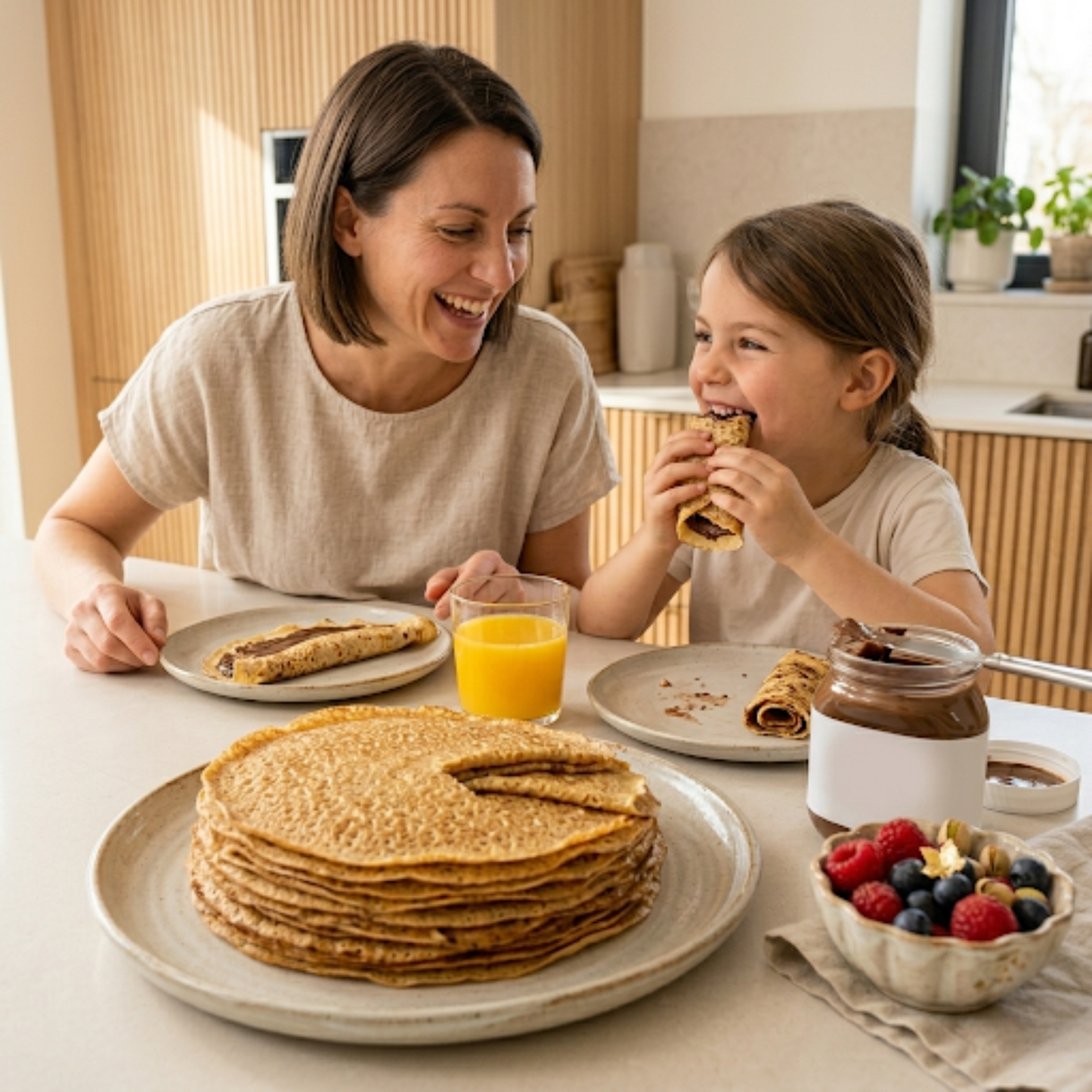 Moment convivial en famille autour de crêpes maison avec une mère et son enfant dégustant des crêpes gourmandes dans une cuisine chaleureuse