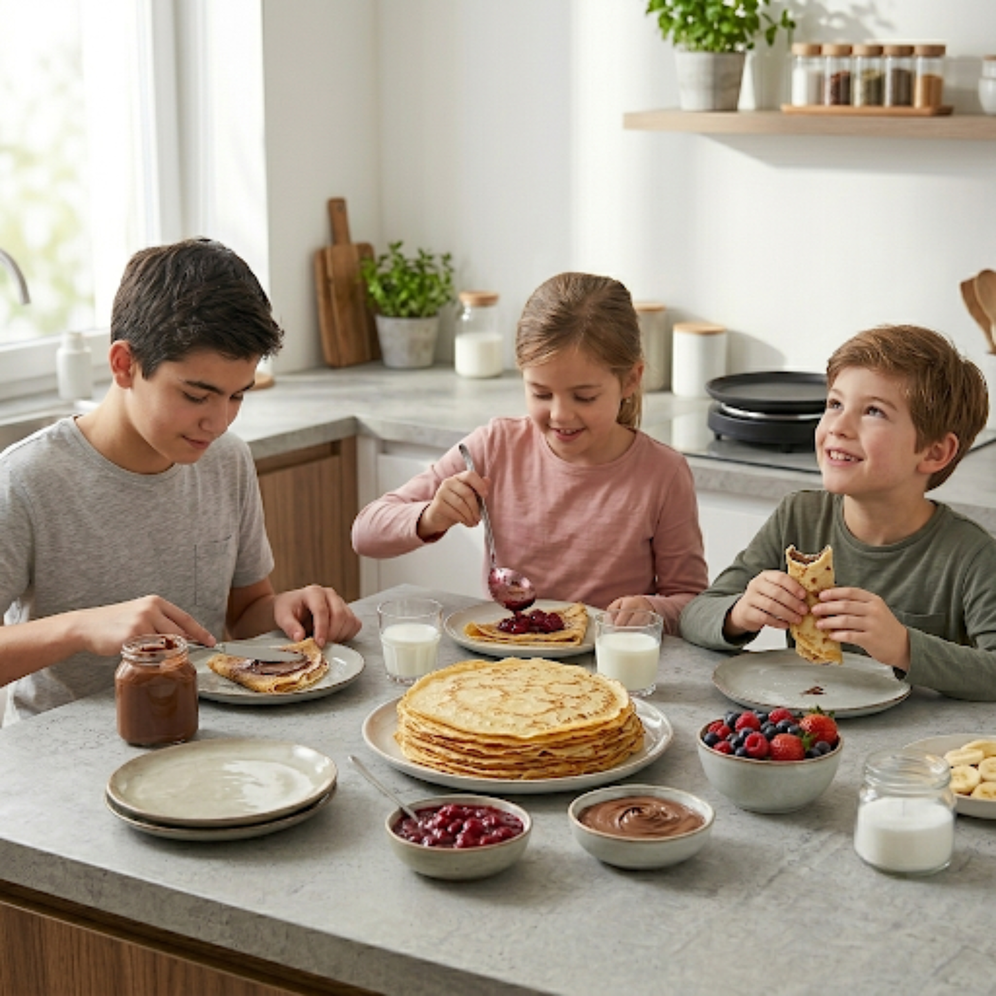 Parents et enfants dégustant des crêpes maison avec fruits et pâte à tartiner lors d’un moment convivial.