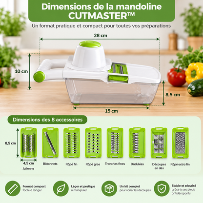 Dimensions de la mandoline coupe-légumes Cutmaster avec réservoir intégré et présentation de ses 8 accessoires de découpe