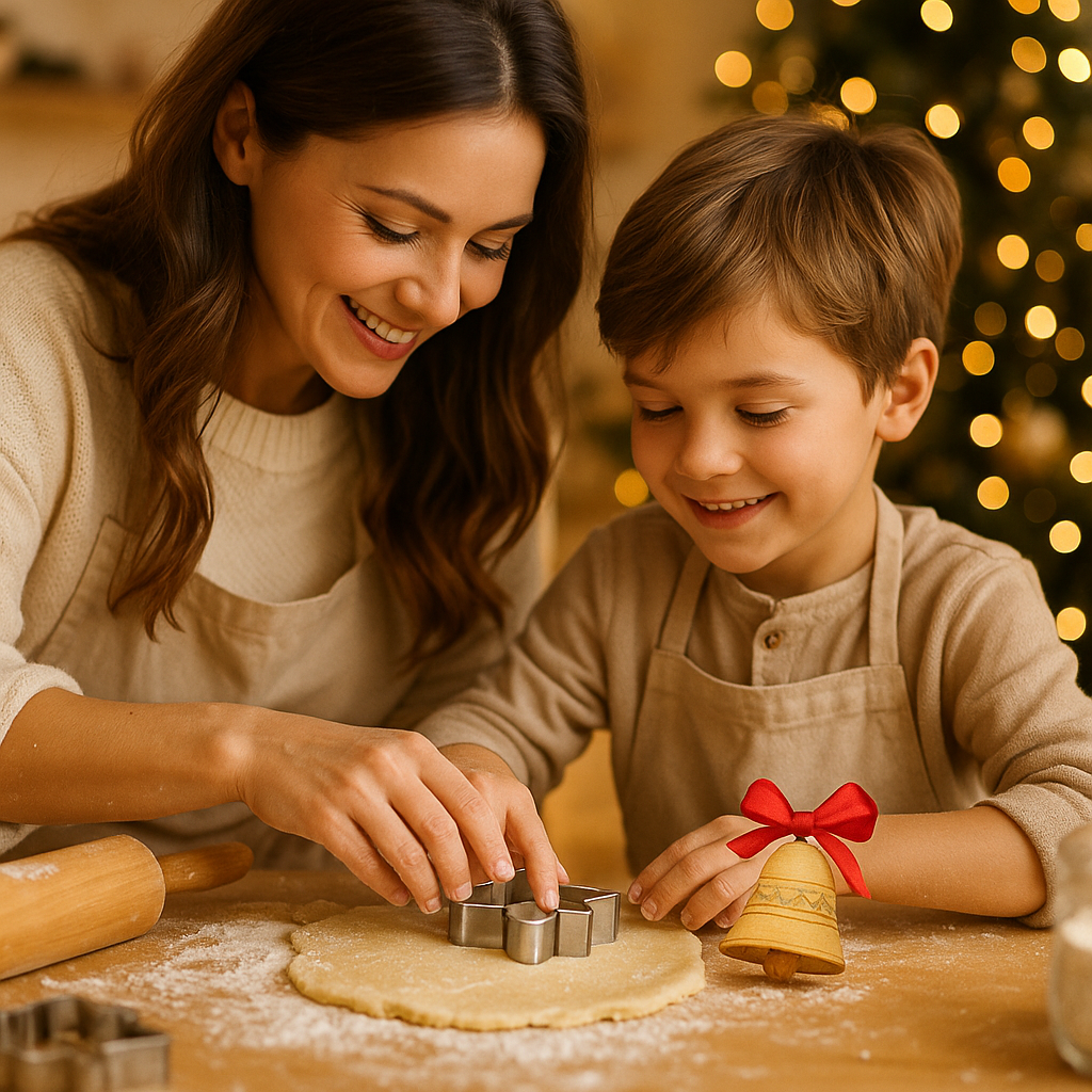 Enfant et maman cuisinant ensemble des biscuits étoile pour les fêtes de Noël