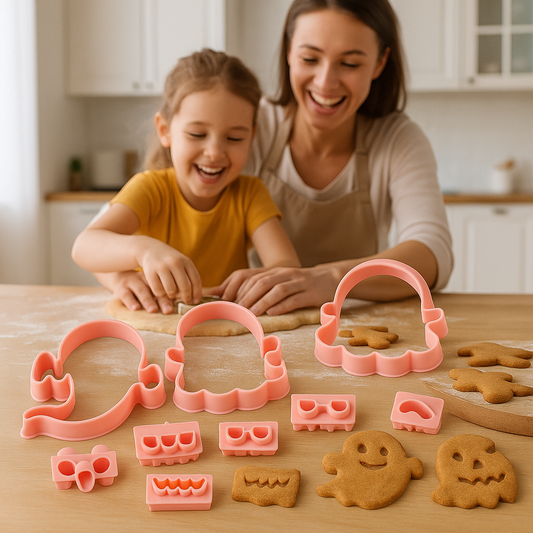 Maman et enfant utilisant emporte-pièces Halloween fantôme