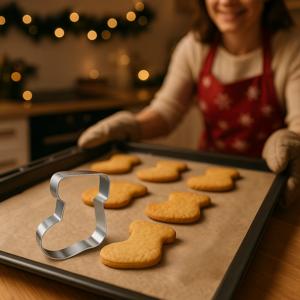 Biscuits  dorés sortant du four, ambiance de Noël, plaque recouverte de papier cuisson et lumière douce.