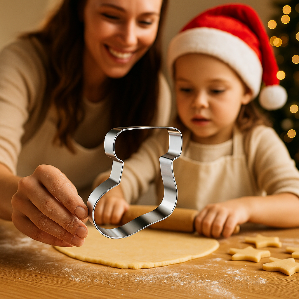 mère et fille préparant des biscuits de Noël avec un emporte-pièce étoile dans une cuisine chaleureuse