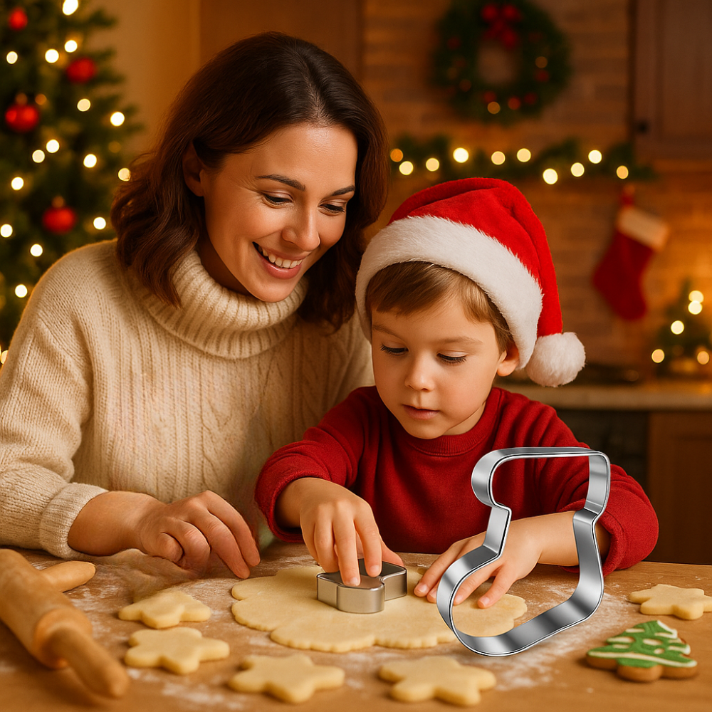 Mère et fils préparant des biscuits de Noël avec un emporte-pièce étoile sur un plan de travail en bois, ambiance chaleureuse et familiale.