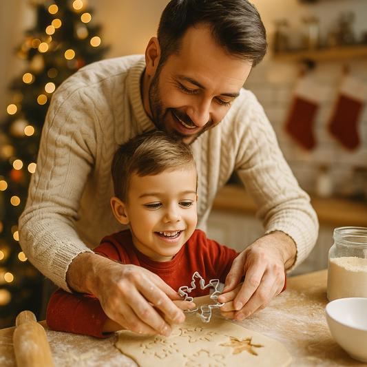 un pere et son fils confectionnant des biscuits de noel
