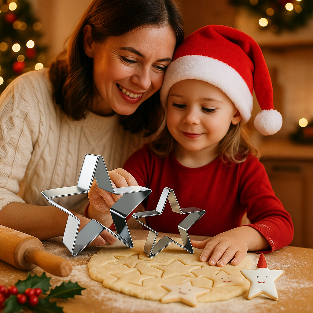Mère et fille préparant des biscuits de Noël avec un emporte-pièce étoile dans une cuisine chaleureuse