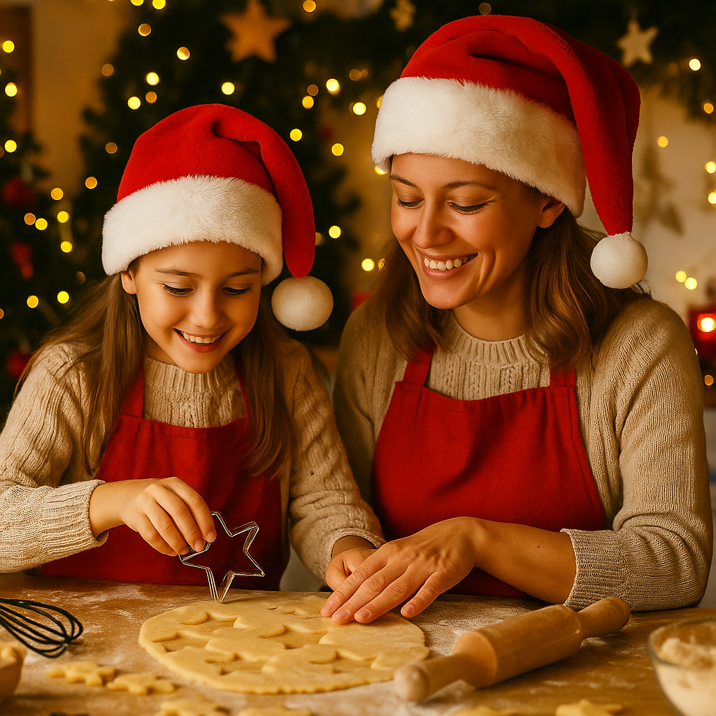 Mère et fille préparant des biscuits de Noël avec un emporte-pièce étoile sur un plan de travail en bois, ambiance chaleureuse et familiale.