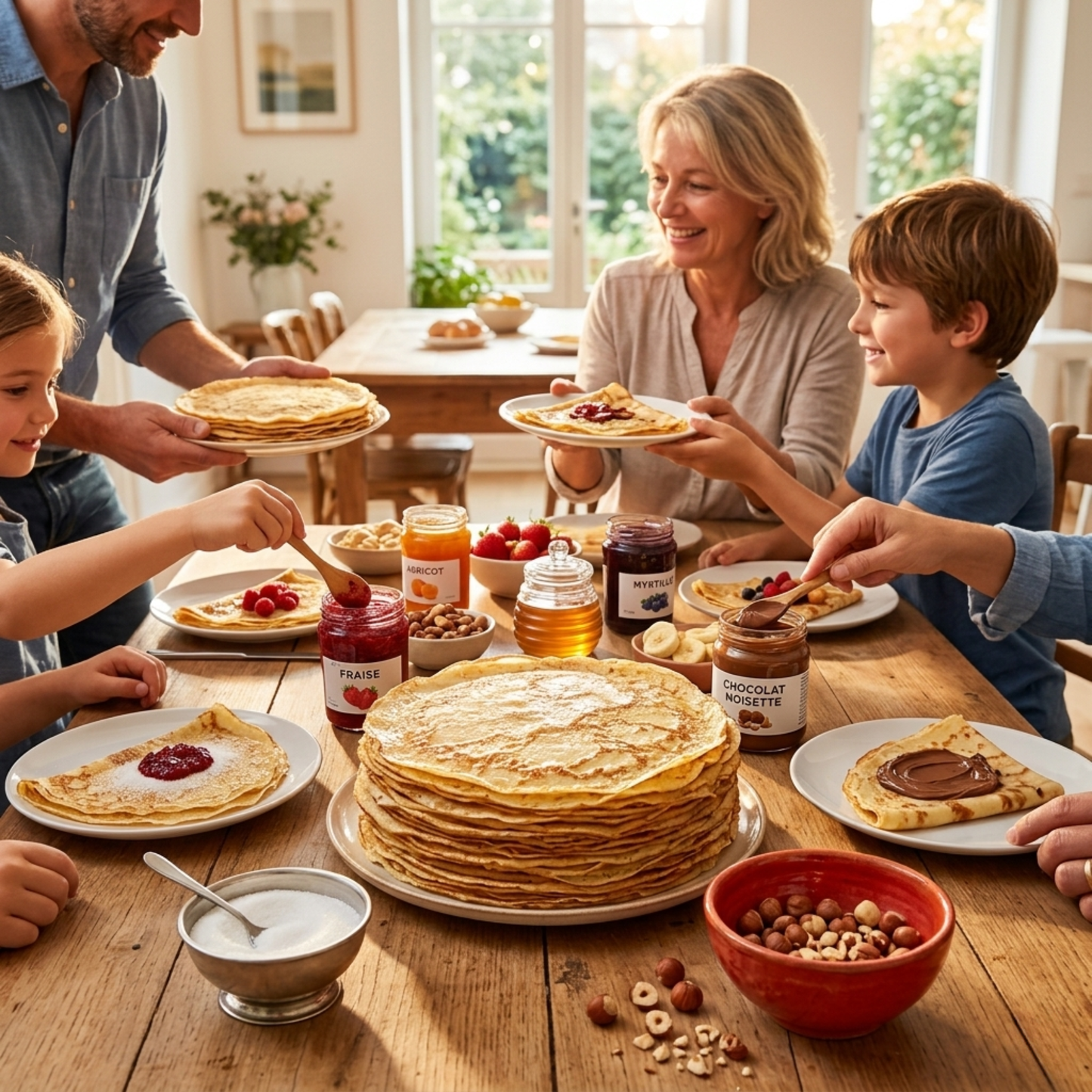 Famille partageant des crêpes maison autour d’une grande table conviviale avec différentes garnitures gourmandes dans une cuisine lumineuse