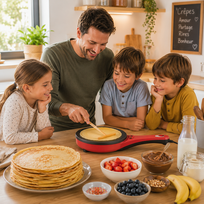 Père et trois enfants préparant des crêpes avec une poêle à crêpes électrique rouge dans une cuisine chaleureuse et lumineuse, avec une pile de crêpes et plusieurs garnitures sur la table.
