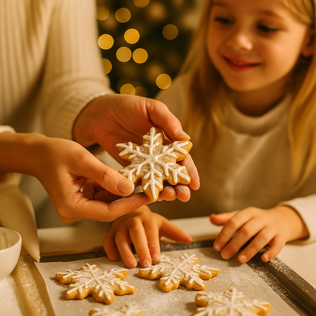 une mère et sa fille montrant un biscuit décoré en forme de flocon de noel