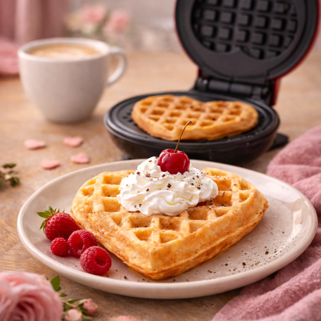Gaufre en forme de cœur servie dans une assiette avec chantilly et fruits framboise cerise, mini gaufrier Cuisine-etmoi visible en arrière-plan