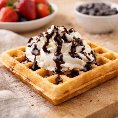 Gaufre maison dorée nappée de chocolat et de coulis de fruits rouges, décorée de chantilly et de fruits frais, réalisée avec un gaufrier électrique familial