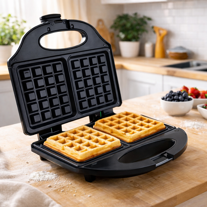 Gaufrier électrique double avec plaques carrées, permettant de cuire deux gaufres dorées en même temps pour un petit-déjeuner ou un goûter en famille.