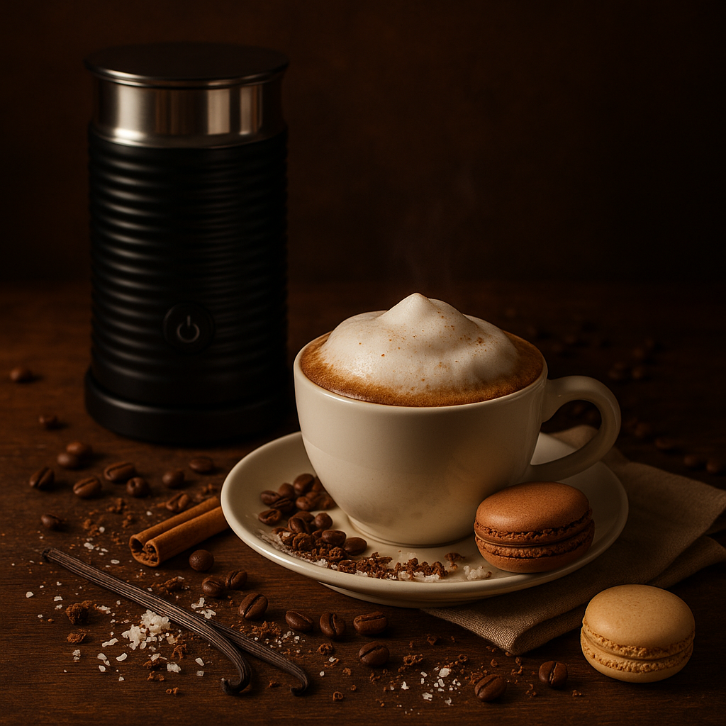 Café gourmand avec mousse onctueuse, macarons et épices dans une ambiance cocooning et chaleureuse